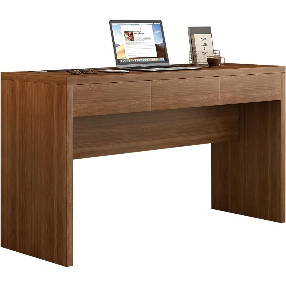 

55-Inch Office Desk with Pull-Out Outlet, Computer Desk with 3 Sturdy Drawers, Writing/Gaming/Work/Study Desk for Bedroom, Livin