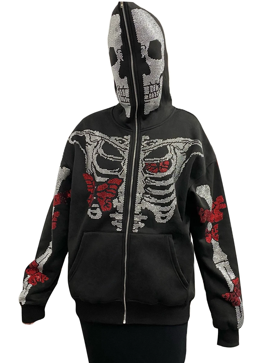 

Yoawdats Women Y2K Skeleton Pattern Zip Up Hoodie Long Sleeve Sweatshirt Punk Jacket Casual Gothic Harajuku Coat Streetwear