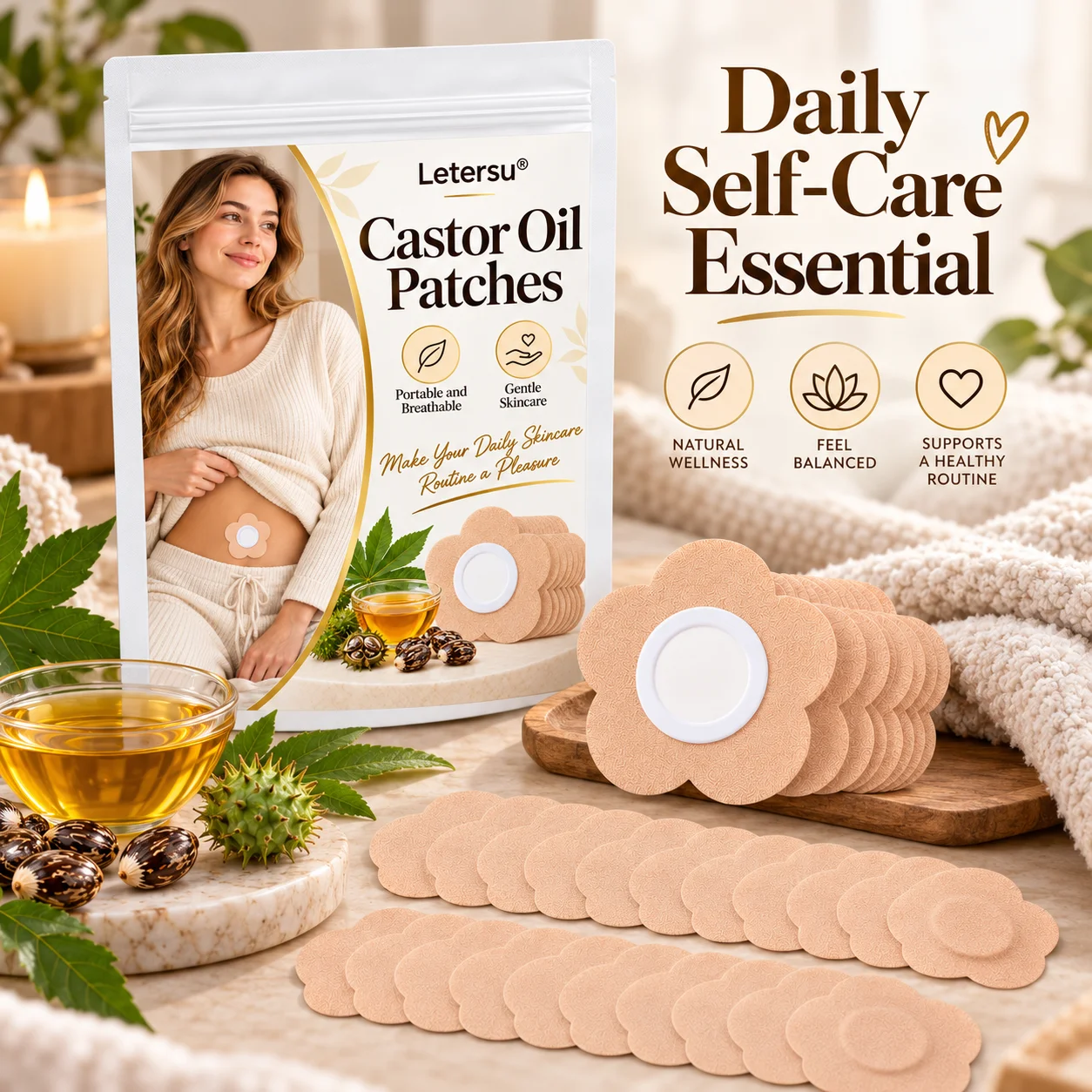 30PCS Castor Oil Patches for Belly Button, Flower Shaped Body Care Stickers, Breathable Self Adhesive Patches for Daily Use