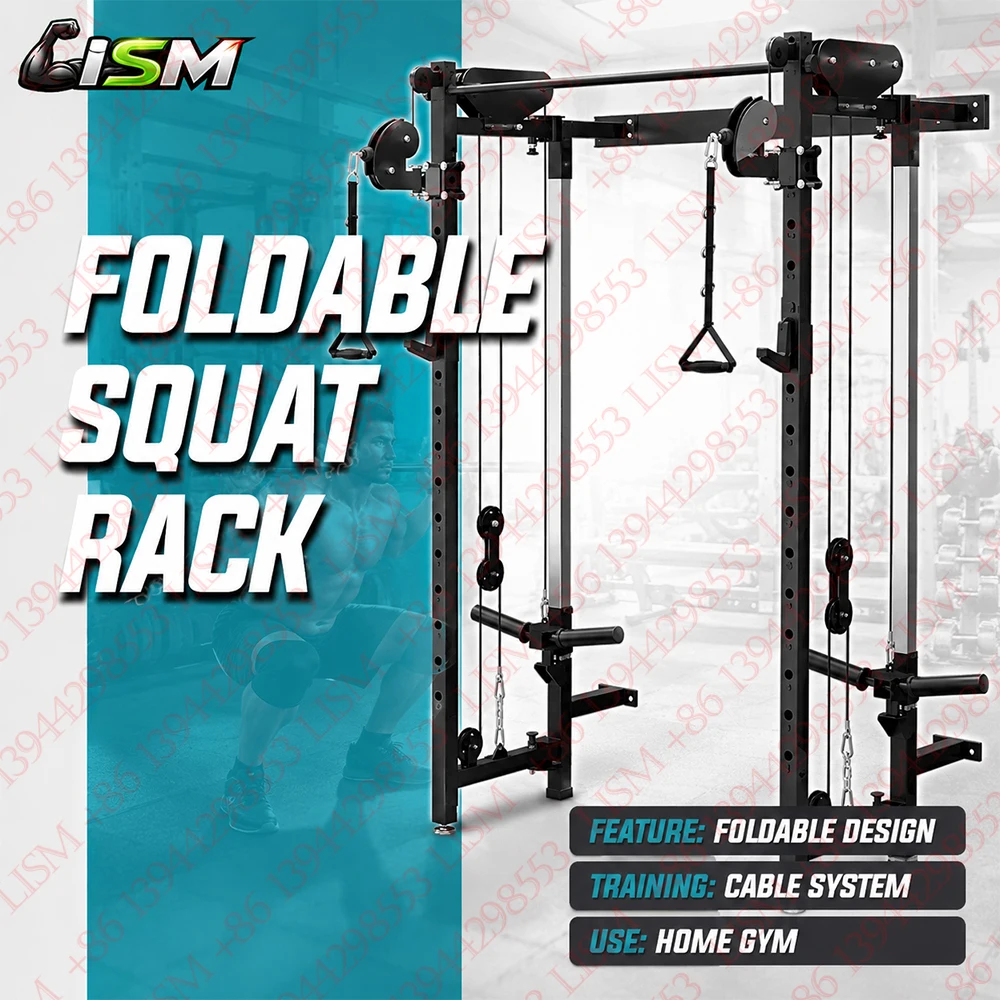 Suporte Dobrável para Agachamento Montado na Parede, Equipamento Multifuncional para Treino de Força, Supino e Puxada LAT para Academia Doméstica