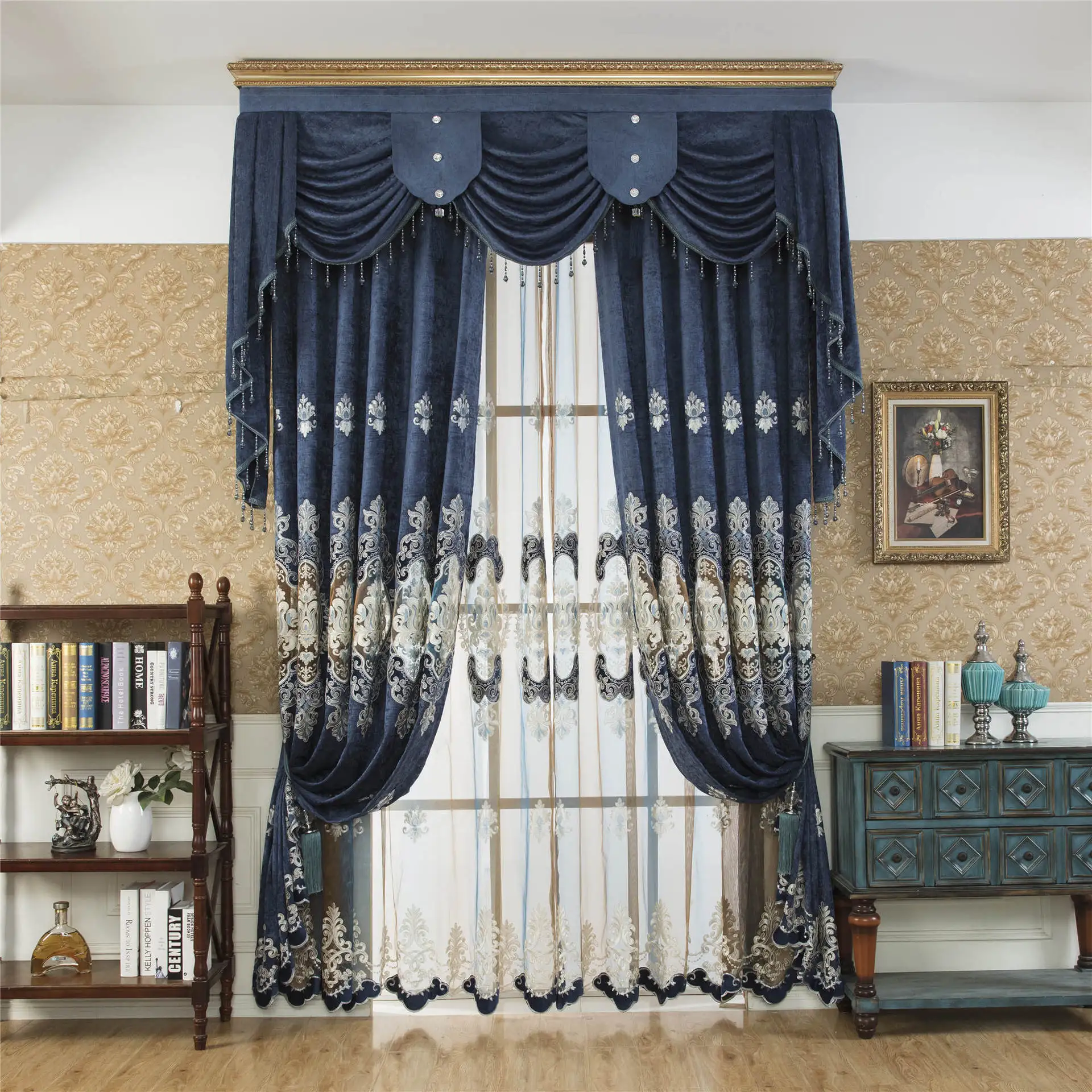 

Custom Nordic water-soluble hollow embroidery living room bedroom chenille blue cloth blackout curtain tulle valance drape C1813