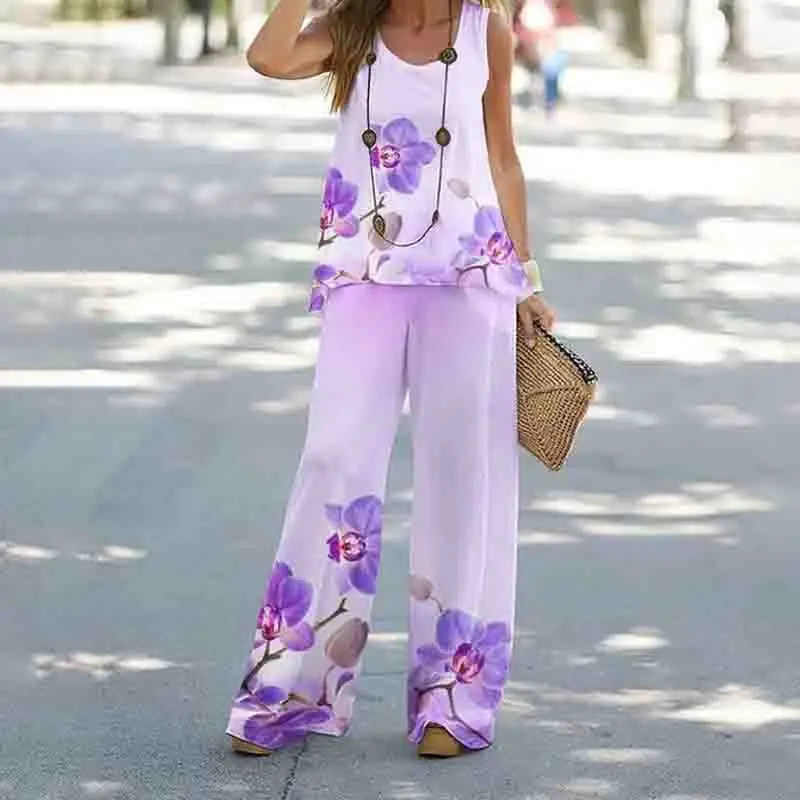 Women's Summer Casual Tank Top+Wide Leg Two Piece Set New Elegant Loose Round Neck Print  Wide Leg Pants Suit For Women's  2023