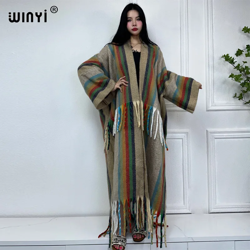 WINYI winter clothes women 2023 rainbow print tassels Luxury Fur Loose OverCoat Thick Warm long down coat Europe cardigan COAT