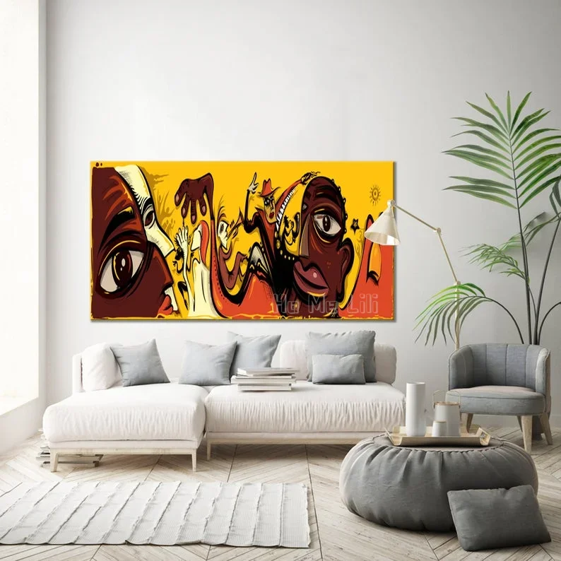 African Ethnic Boys Playing Musical Instruments And Dancing With Veneer Oil Canvas Prints On Canvas Interior Unique Decoration