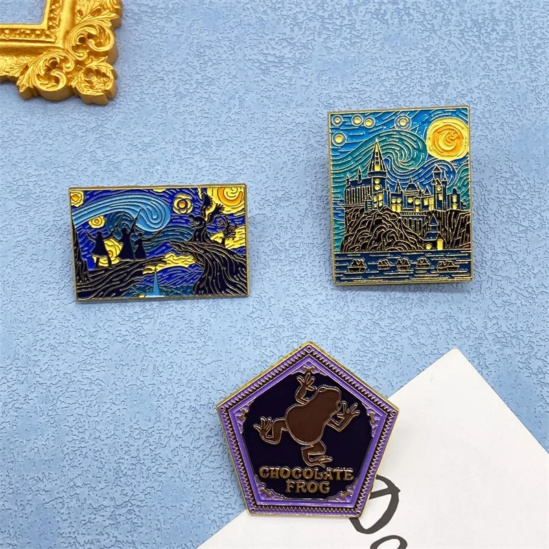 Castle Design Under Exquisite Starry Sky Oil Painting Metal Enamel Brooch Personalized Night Starry Geometric Badge Pin Jewelry