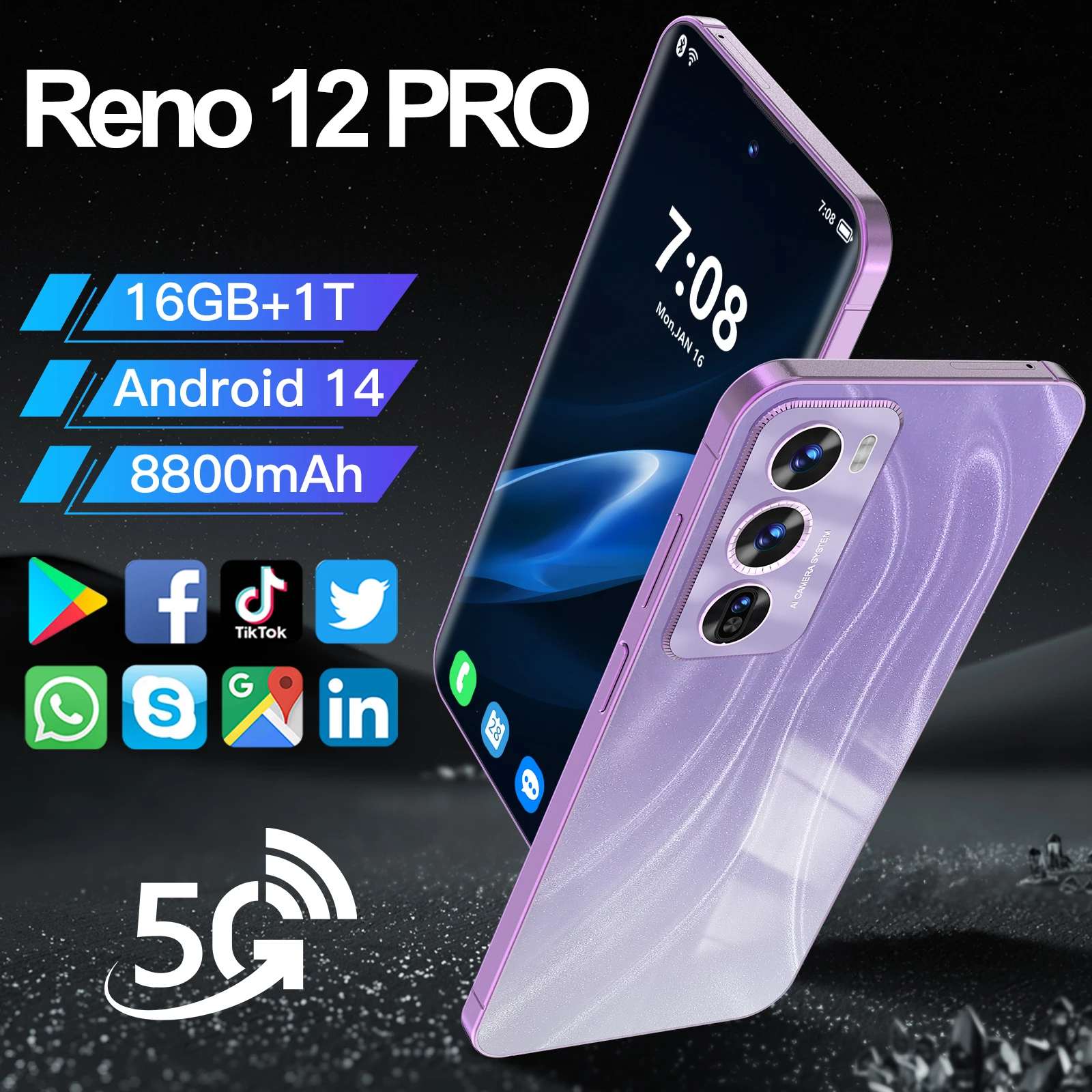 Reno12 Pro Smartphone Global Version Snapdragon8 gen3 22G+2TB 7800mAh 78+108MP 4G/5G Network Cellphone Android Mobile Phone