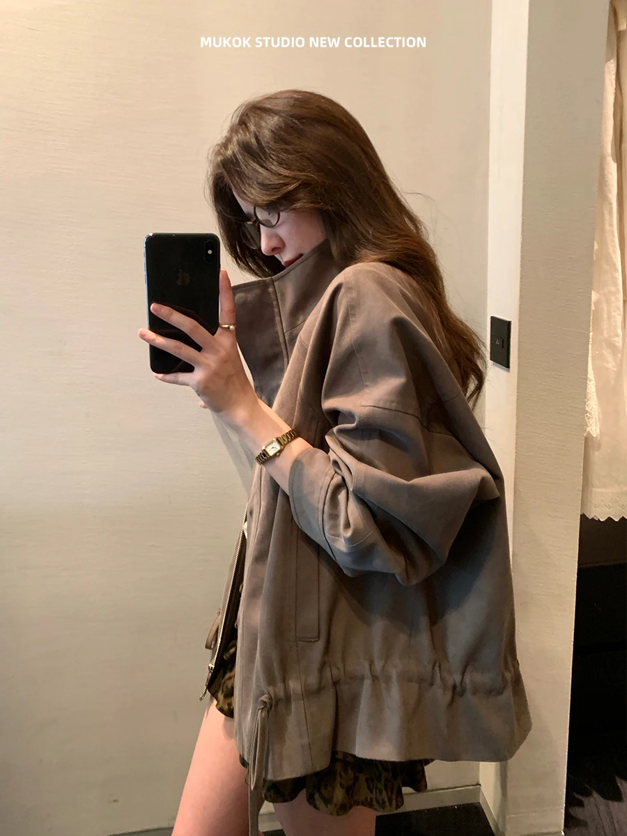 MUKOK Korean Style Loose Coat Stand Collar Lazy Style Autumn Winter Short Outerwear Women's Fashion Casual Straight Cut