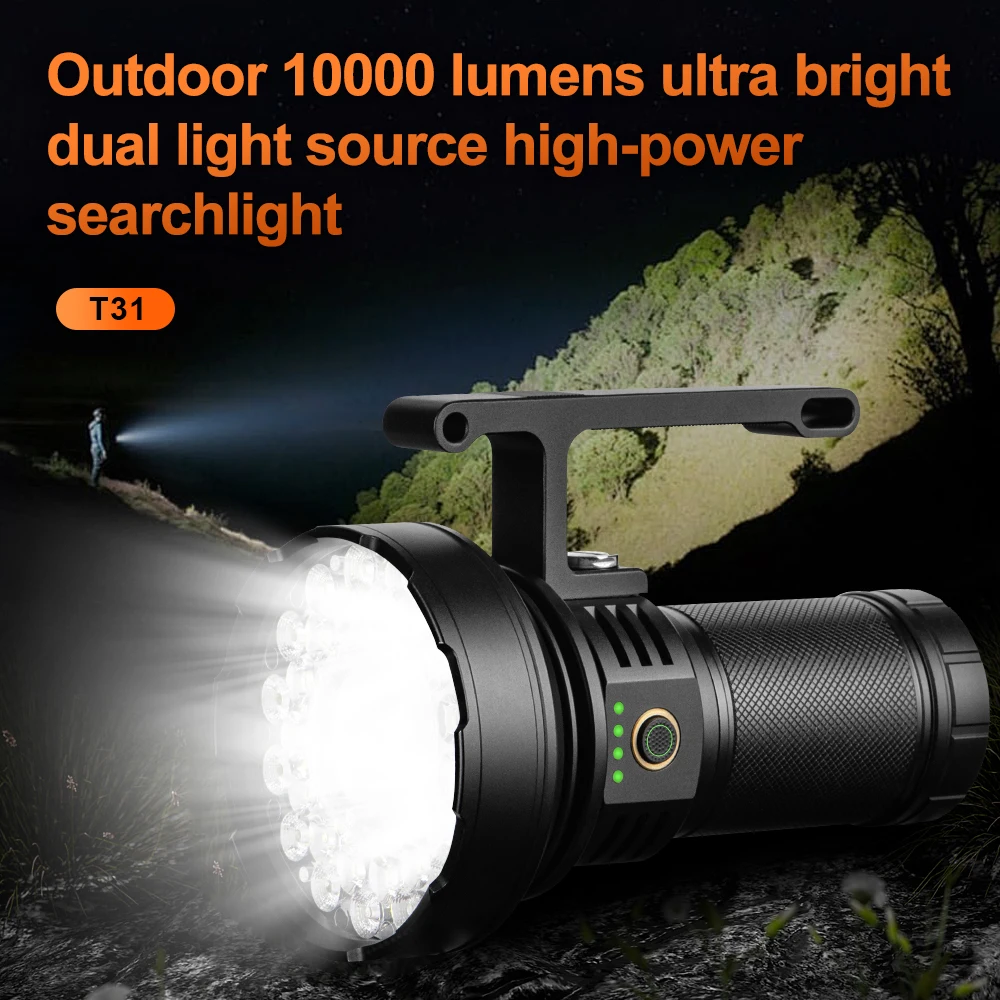 Ultra Bright 10000 Lumens Flashlight High Power Searchlight USB Rechargeable Dual Light Source Hand Lantern For Outdoor Camping