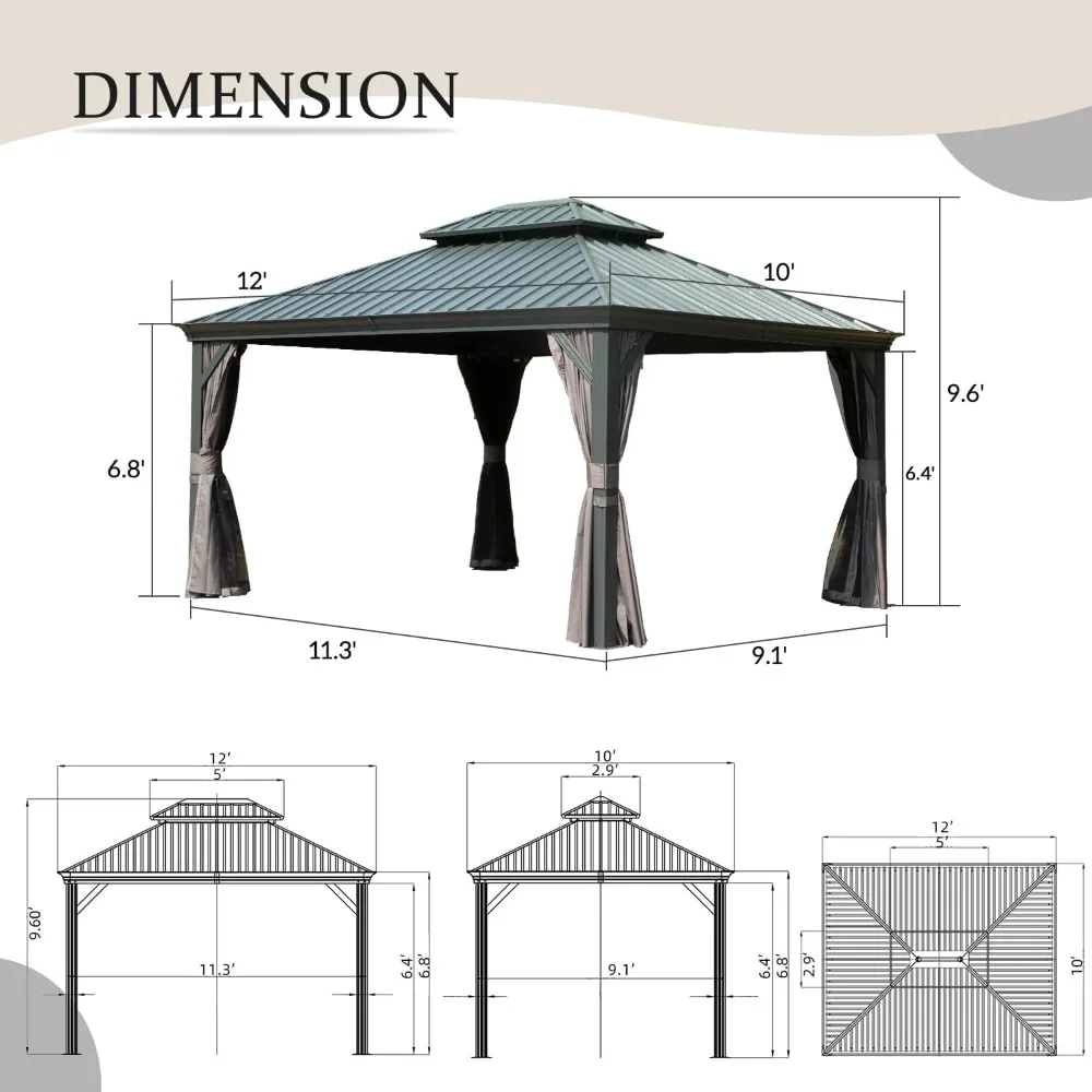 Hardtop Gazebo Aluminum Frame, for Outdoor Patios, Grey
