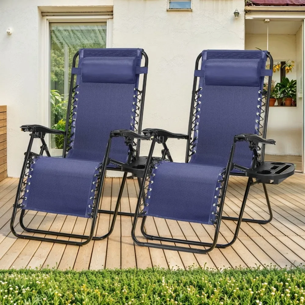 

2 Piece Portable Lounger Chair, Outdoor Folding Lounge Chair with Cup Holder Tray and Adjustable Pillow, Zero Gravity Chair