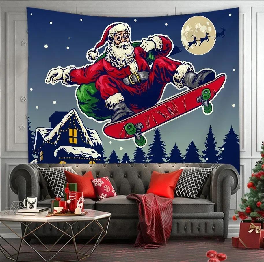 Christmas Tree Print Tapestry Wall Hanging Background Cloth Decor Red Santa Claus Polyester Tapestry Home Room Wall Decoration