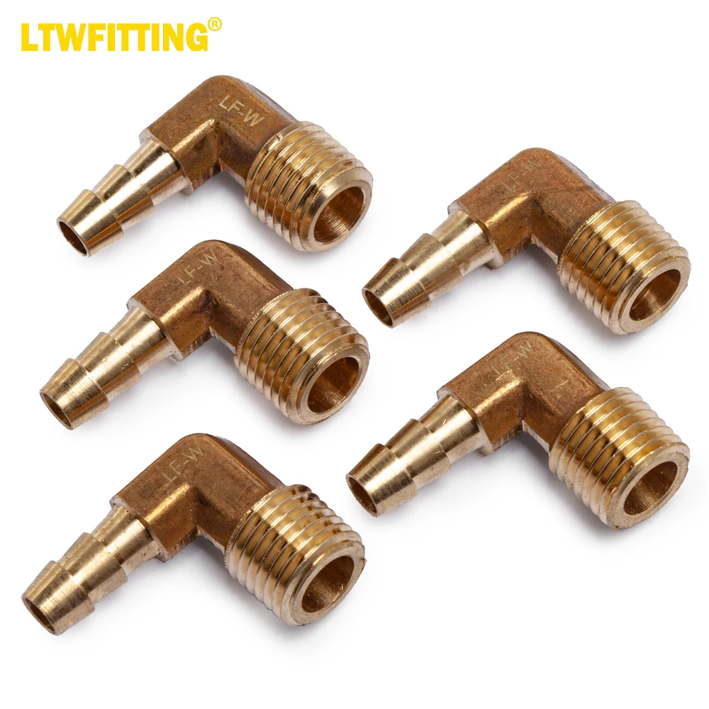 

LTWFITTING LF 90 Deg Elbow Brass Barb Fitting 1/4-Inch Hose Barb x 1/4-Inch Male NPT Thread Fuel Boat (Pack of 5)