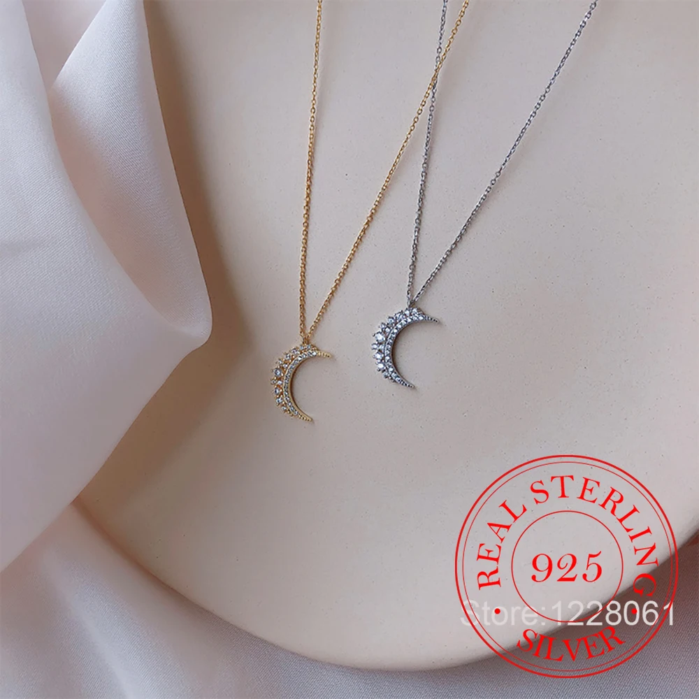 

925 Sterling Silver 18K Gold Plated Crystal Moon Pendant Necklace for Women Clavicle Chain Birthday Wedding Party Jewelry Gift