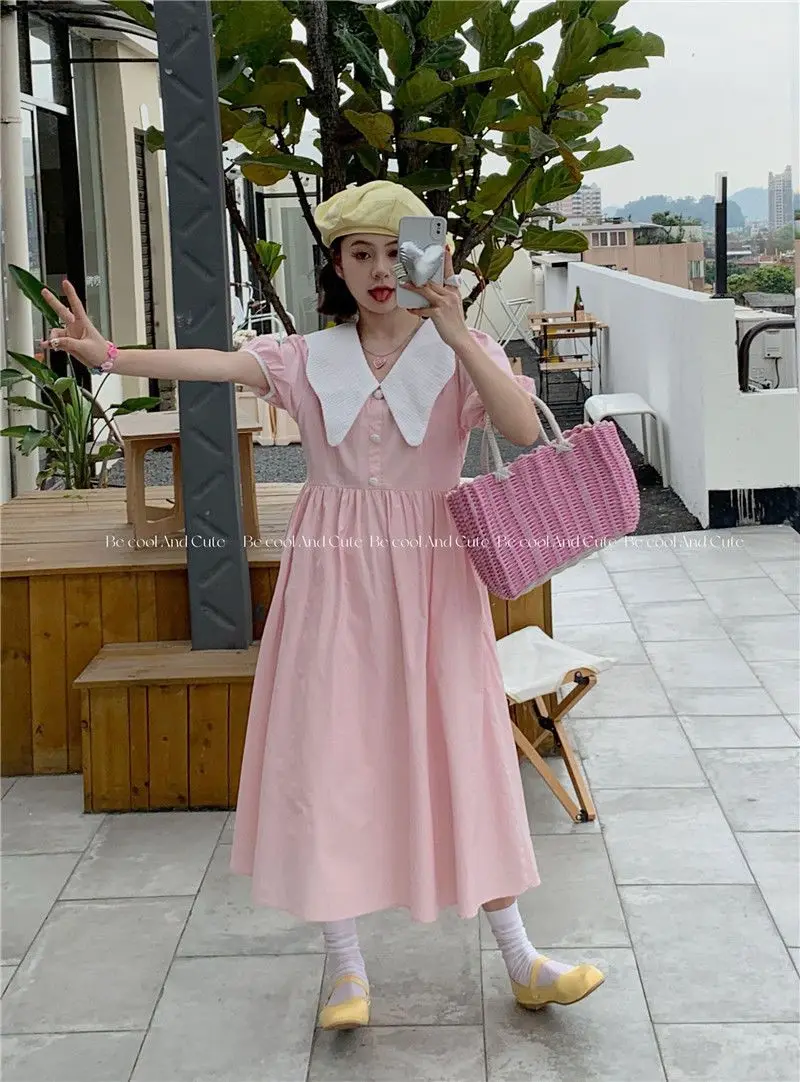 2024 Summer Super Immortal New Korean Edition Sweet Contrast Doll Neck Temperament Kikyu Bubble Sleeves Mid Length Dress