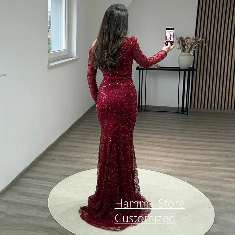 Sexy Mermaid Evening Dress Customized One Shoulder Long Sleeve Sequined Trumpet Prom Gown Split Dancing Party Dresses image 2