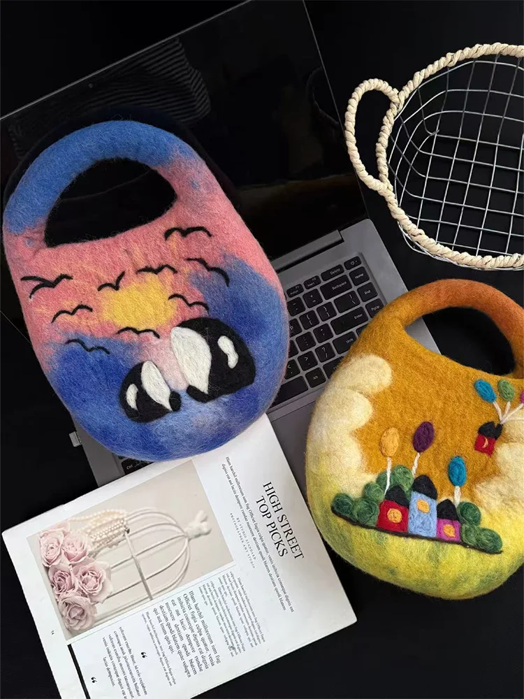 Handmade Wool Felt Tote Bag  Design Casual Handbag Korean Style Embroidery Element Youth Suitable round Box Shape Wool Bag