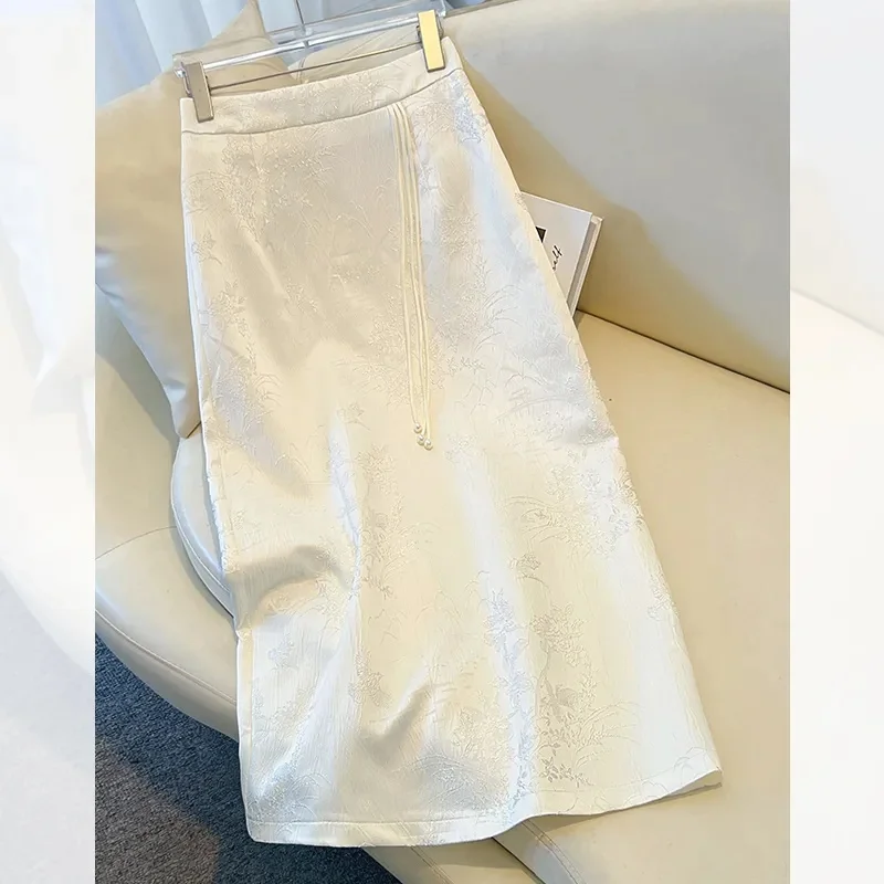 Female Fashion Casual Printed Skirt Summer Lady High-end Straight A-line Hip Maxi Skirt Women High Waist Embroidered Long Skirts