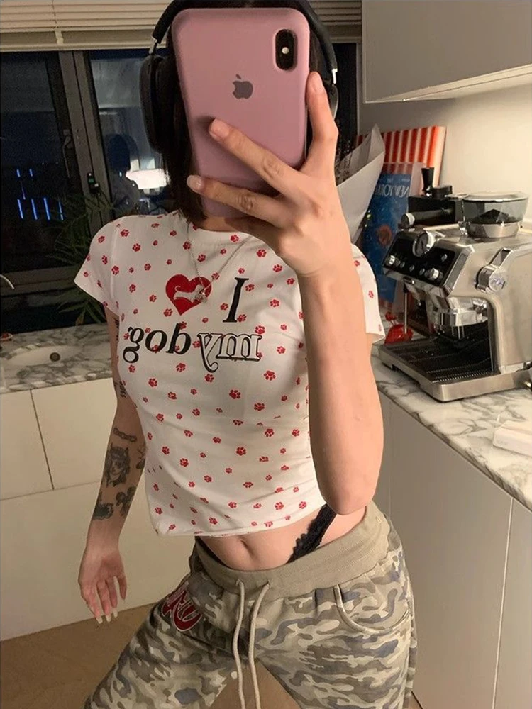 

Vintage Print Short Sleeve T-shirt Summer Y2k Tops Women Slim Fit Short Sleeve Tee Casual Versatile Top