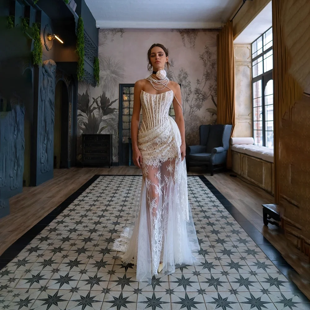 Elegant Wedding Party Dresses for Women Strapless Lace Evening Gowns Long Pleated A Line Formal Prom Dress 2025 Customized