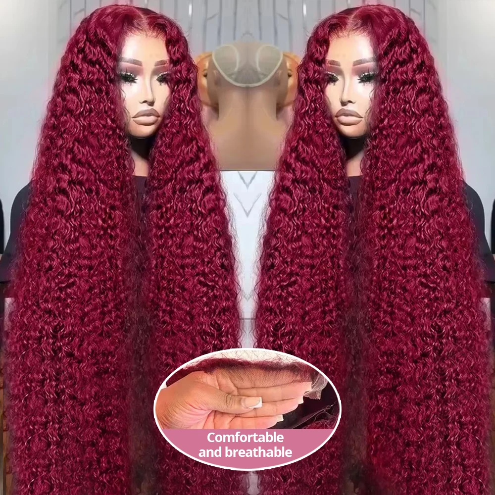 

200 Density 99J Burgundy Deep Wave 13x6 Lace Front Wig Curly Human Hair 30 34 Inches 13x4 Lace Frontal Water Wave Wigs For Women