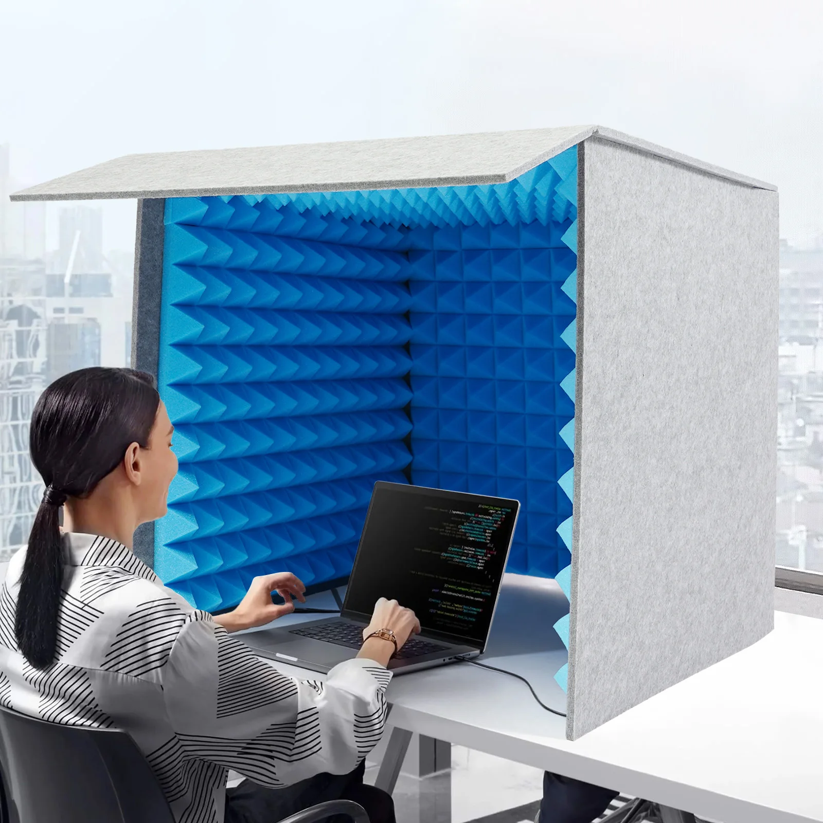Foldable Desktop Soundproof Shield, 60cm Size Vocal Recording Booth, 50mm Sponge Studio Vocal Filter, Acoustic Isolation Screen, Portable Mic Enclosure, Home Podcast Booth, Tabletop Sound Absorbing Cover, Gray Blue Recording Shield view 8