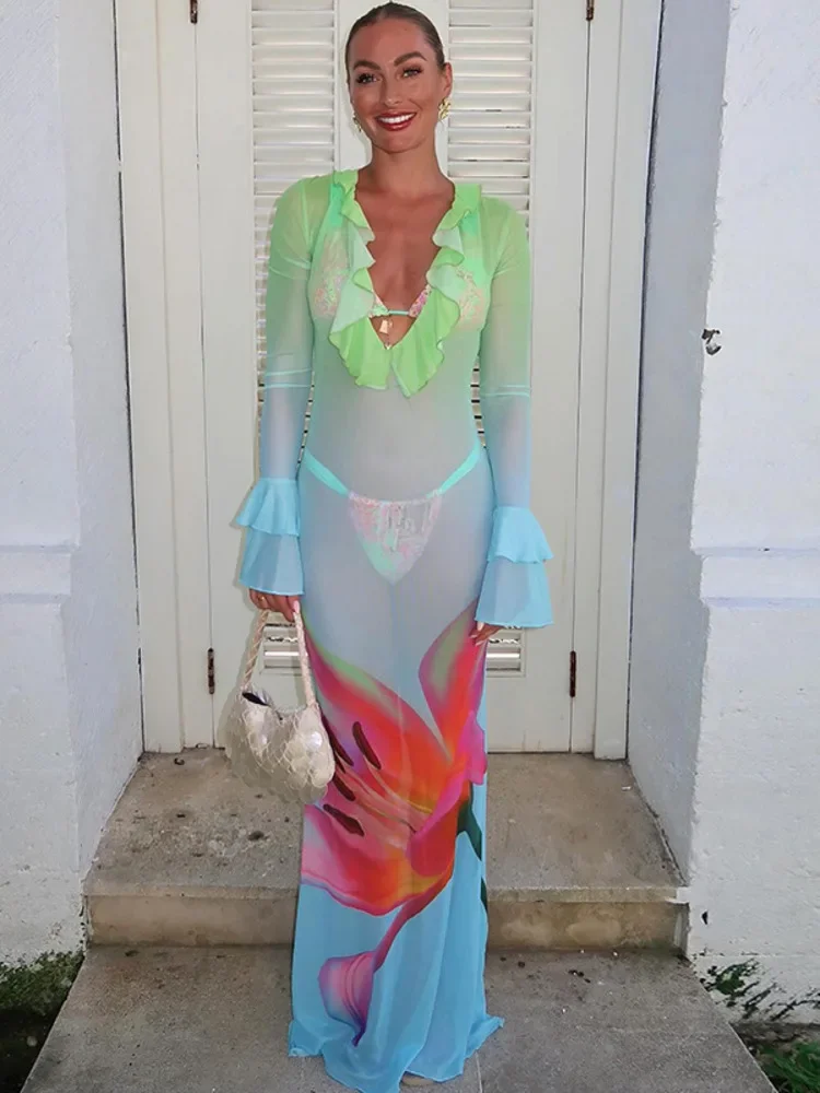 

Mesh See Through Print Sexy Maxi Dress Women Fashion Gradient Color Deep V Neck Long Sleeve Printed Long Dresses Female