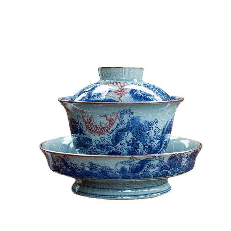 قفز الأسماك فوق بوابة التنين طويل القامة القدم وعاء كبير مغطى الطين القديم ثلاثة المواهب وعاء الشاي النمط الصيني التقليد العتيقة