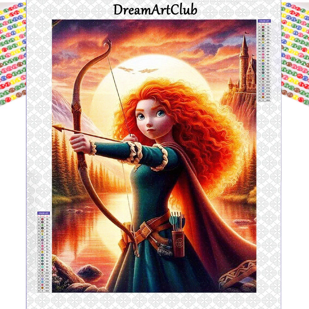 Kit de pintura de diamante redondo Brave Merida, 30x40cm/11,81x15,75 pulgadas, personaje de dibujos animados vibrantes con arco y flecha, lienzo detallado