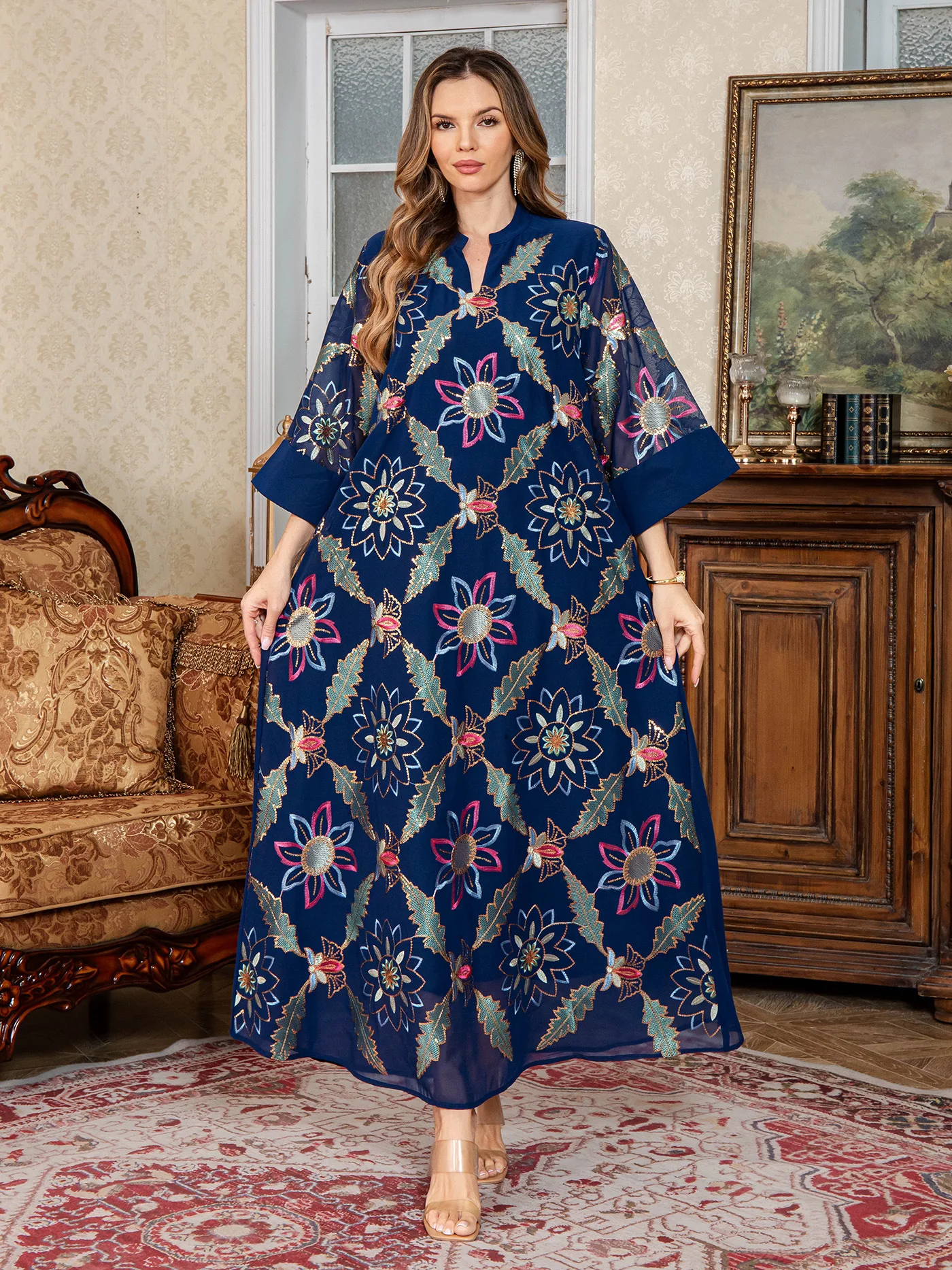 2025 Women's Casual Trendy Embroideried Loose Basic Elegant Sequined Dresses Female Abaya Clothes Middle East Muslim New Fashion
