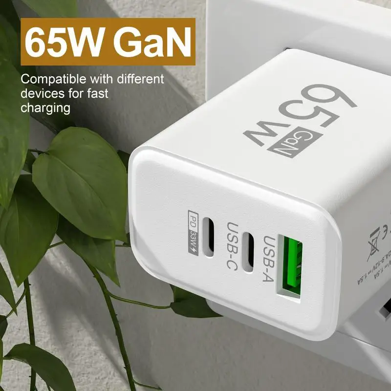 65W GaN Quick Charge Charger EU Plug Dual USB C + USB A Port Wall Charger Compact Travel Charger for Phone Laptop Gaming Device