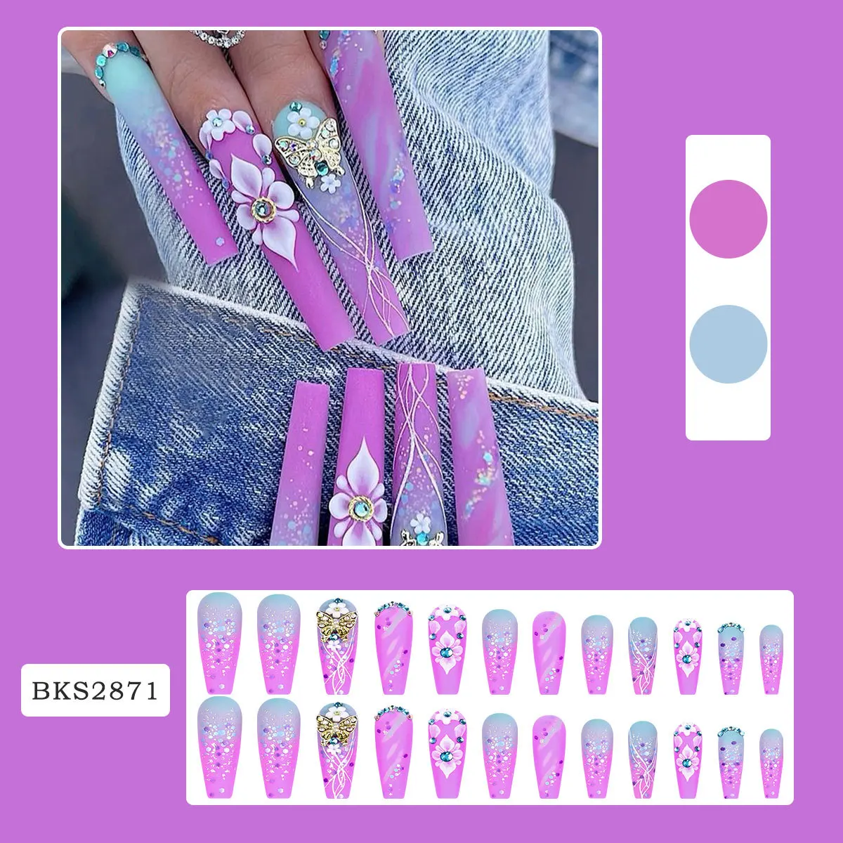 Long Press on Nails Coffin Glitter French Tip Nails Rainbow Ombre False Nails with Camellia Rhinestones Press ons Acrylic Nails