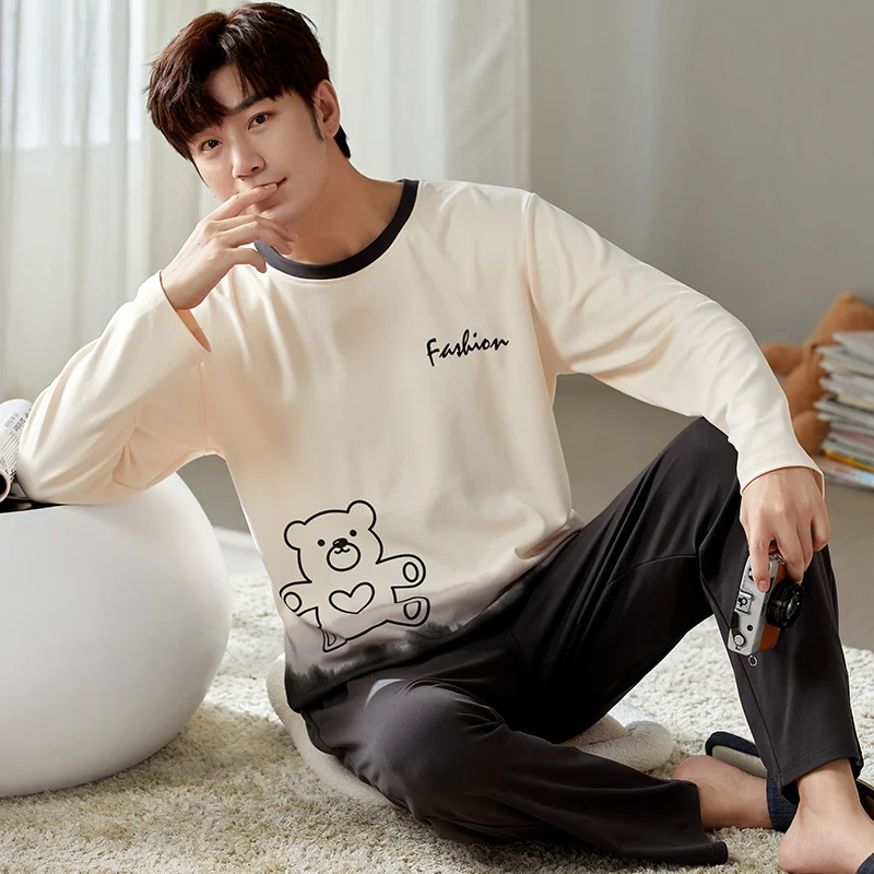 Cartoon Sleepwear For Men Cotton Autumn Pajamas Set Sleep Tops Pant O Neck Leisure Home Suit Male Pijama hombre night clothes