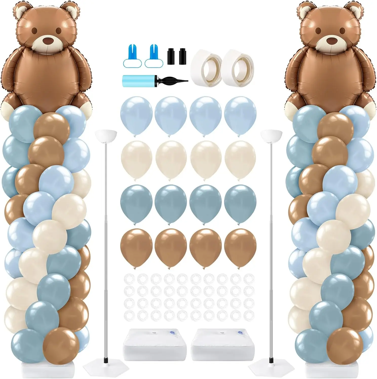 

2 Set Bear Baby Shower Balloon Column Stand Kit Dusty Blue and Brown Arch Garland Decor