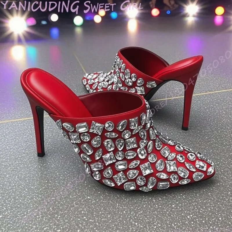 

Large Silver Crystal Diamond Stiletto Slippers Women Pointed Toe Black Leather Shiny Casual Slingback Sandals Summer Bling Shoes