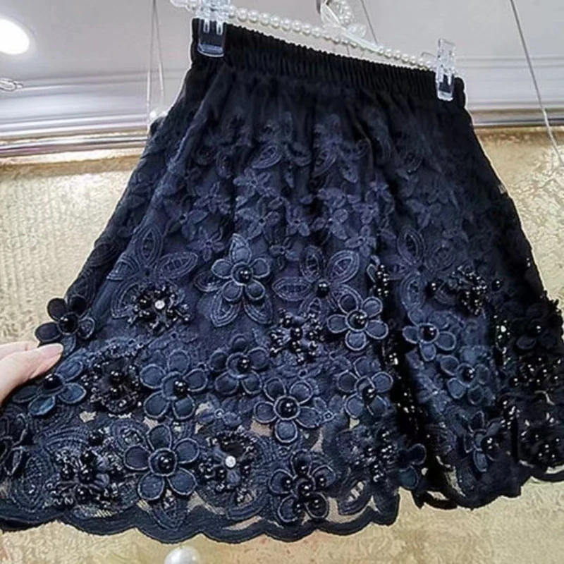 Pearls Beaded Flowers Lace Embroidery Pantalones Cortos Black Wide Leg Shorts Women\'s Short Pants Elastic Waist Short Trousers