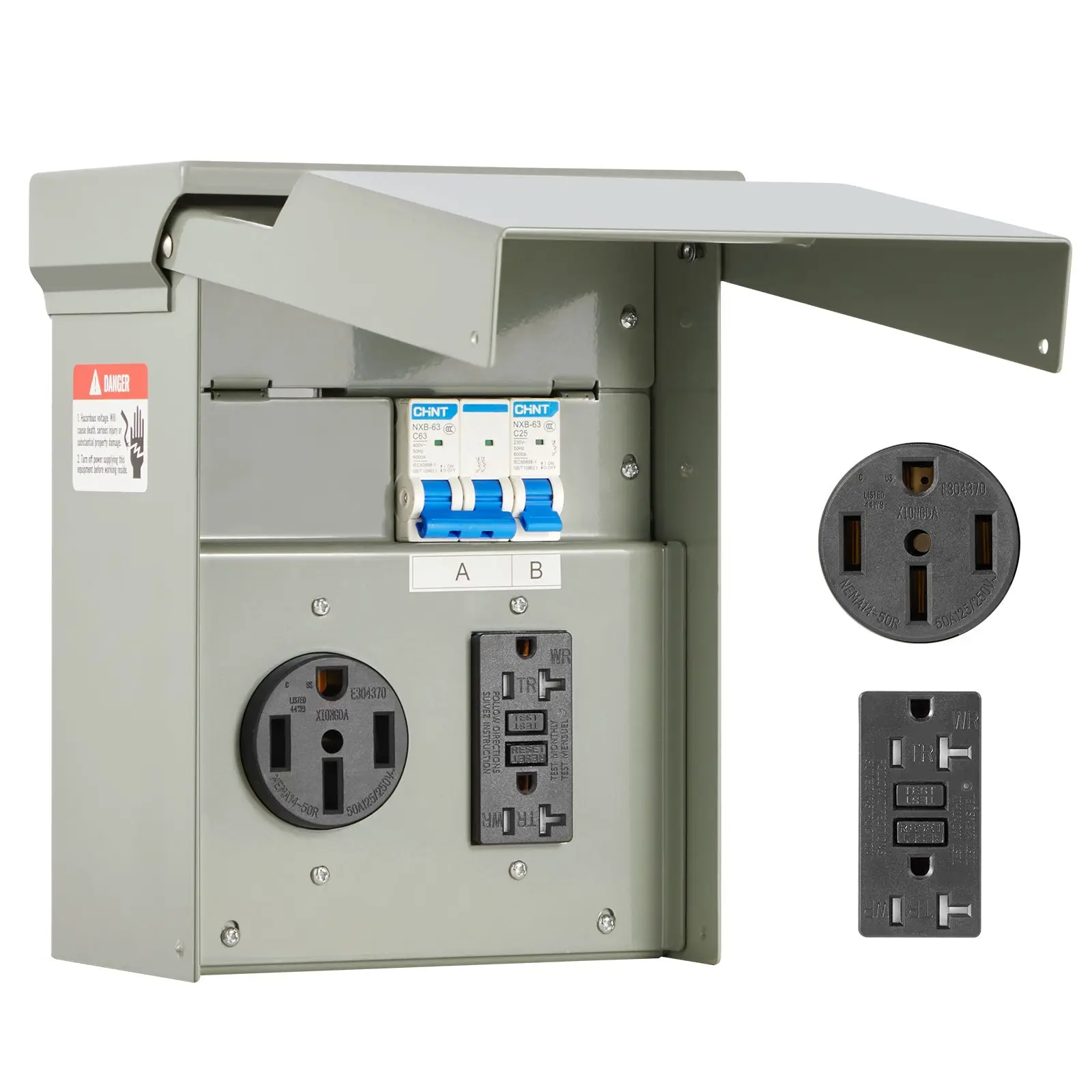 Temporary Power Outlet Panel, 20 50 Amp, RV EV Electrical with NEMA 50 GFCI 20 Receptacle Installed, Pre-Wired IP54 Weatherproof