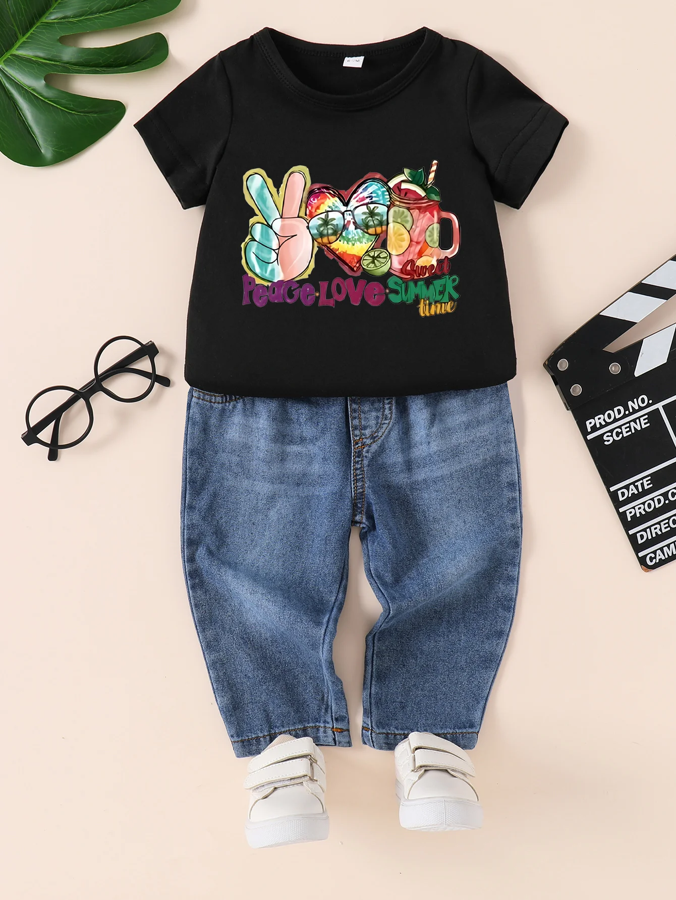 Summer New Boys and Girls Short sleeved Black T-shirt Round Neck Pullover+Denim Pants Set