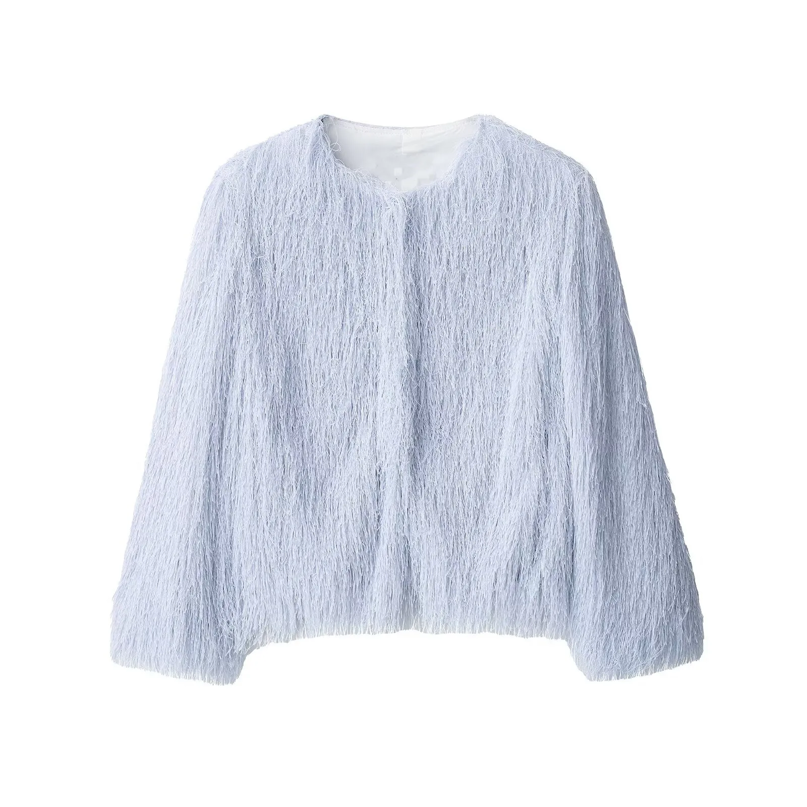 2025 Autumn Women Light blue Long Hairy Cascade Tassel Fringed Coat O neck Full Sleeve Loose Jacket Short Outerwear
