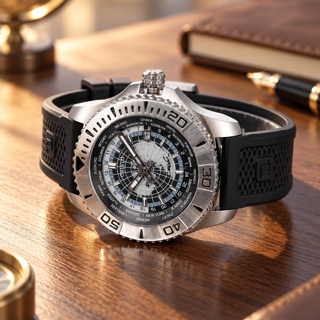 OBLVLO Men's Luxury Military Automatic Mechanical Watch - World Time Function Waterproof Super Luminous BM Rubber Band
