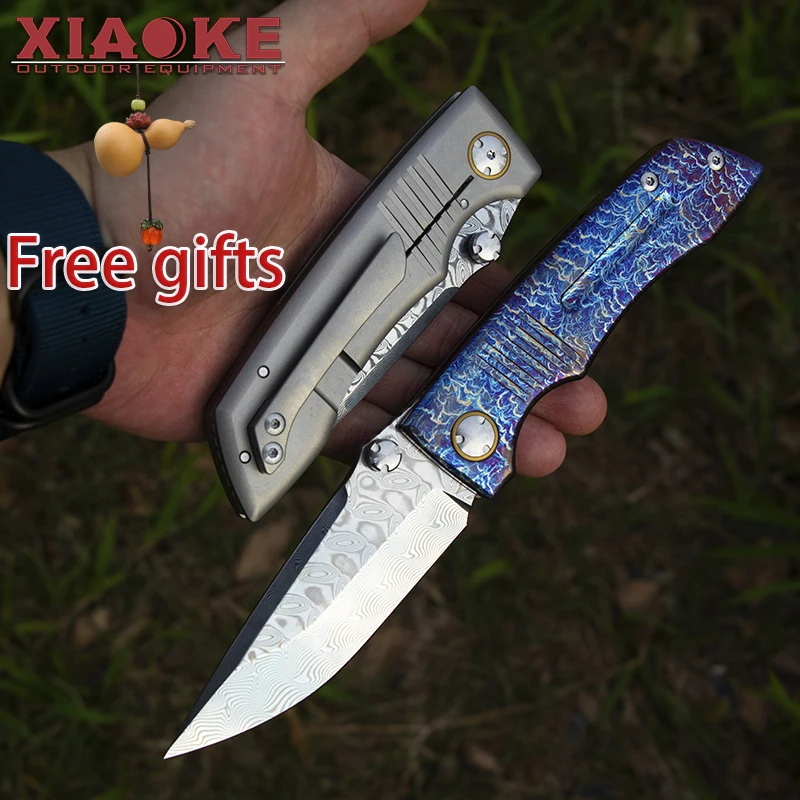 

Forged Damascus Mirror Polished Folding Knife with TC4 Titanium Storm Blue Handle for Survival Hunting Camping EDC Pocket Knife