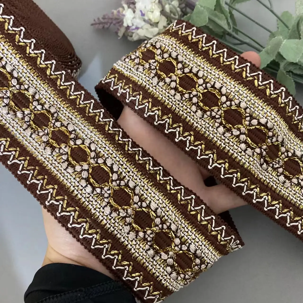 1 jarda marrom 6cm fita de renda de arroz tecido de lantejoulas roupas étnicas fio dourado bordado jacquard webbing acessórios de vestuário