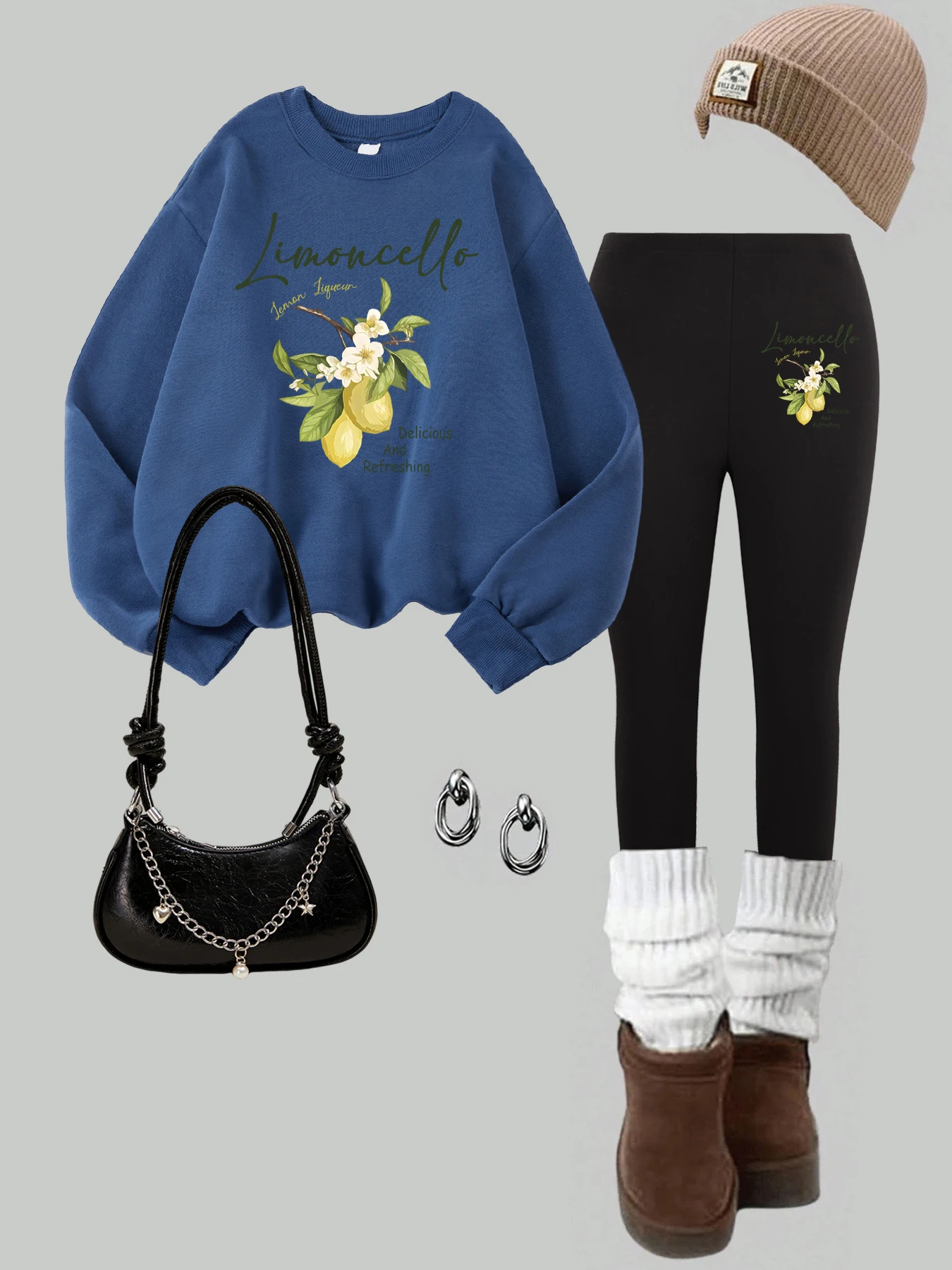 Jersey con estampado refrescante y deliciosa de violonchelo y limón para mujer, conjunto de sudadera holgada de otoño, mallas gruesas de lana, ropa deportiva con cuello redondo Y2K