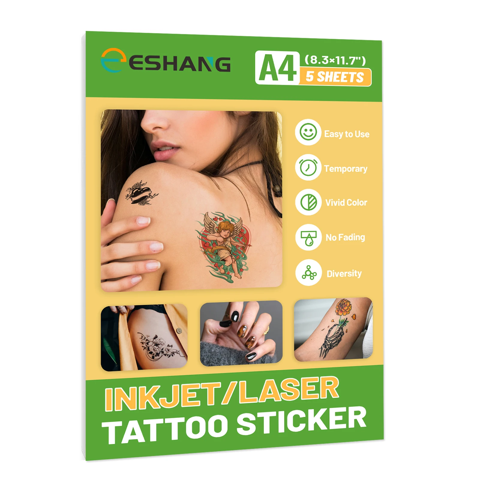 ESHANG A4 Printable Temporary Tattoo Paper 5 Sets for Inkjet & Laser Printer DIY Image Transfer Decal Paper for Skin Halloween