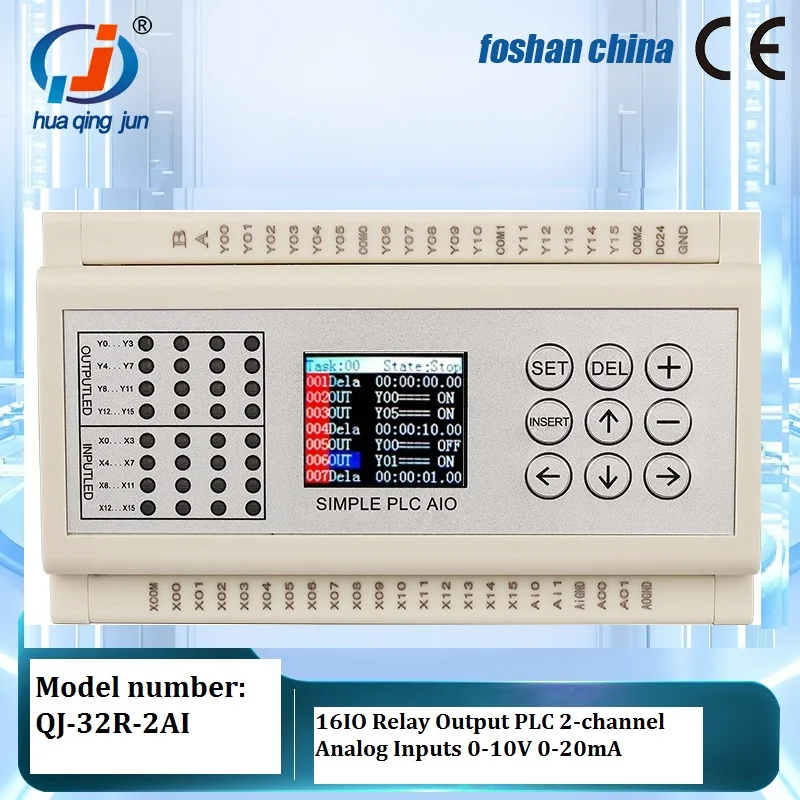 Orignal Factory 16IO Relay Output PLC 2AI 0-10V 0-20mA Programmable Logic Contoller QJ-32R-2AI Analog Inputs PLC for Sensors