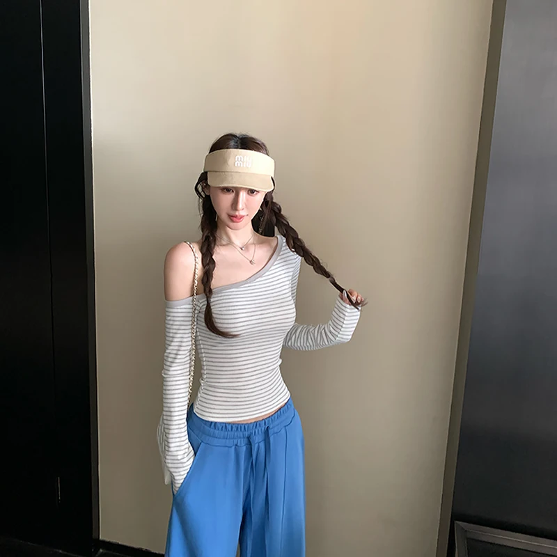 Women's Striped Sloping Shoulders Long Sleeve Tops Sheath Casual Daily T-shirt