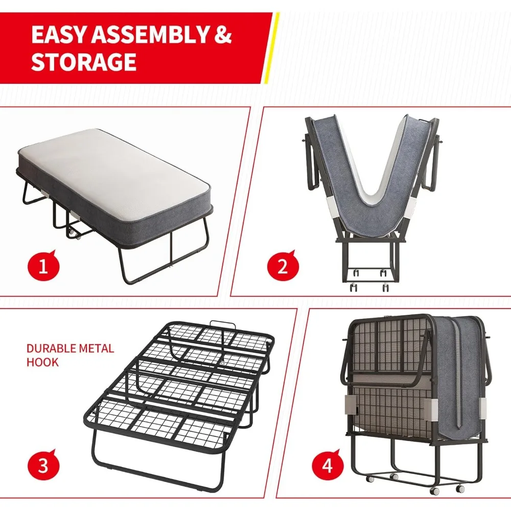 سرير قابل للطي مع مرتبة للبالغين، سرير ضيوف محمول مع 4 مرتبة إسفنجية ميموري وإطار معدني، مقاس مزدوج