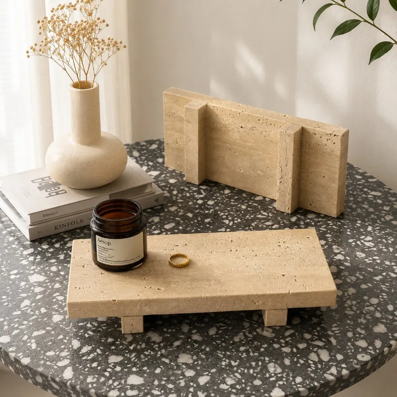 Natural Travertine Tray Pedestal Stand Soap & Jewelry Riser for Bathroom,Kitchen,Decorative Stone Catchall for Perfume, Candles - view 3