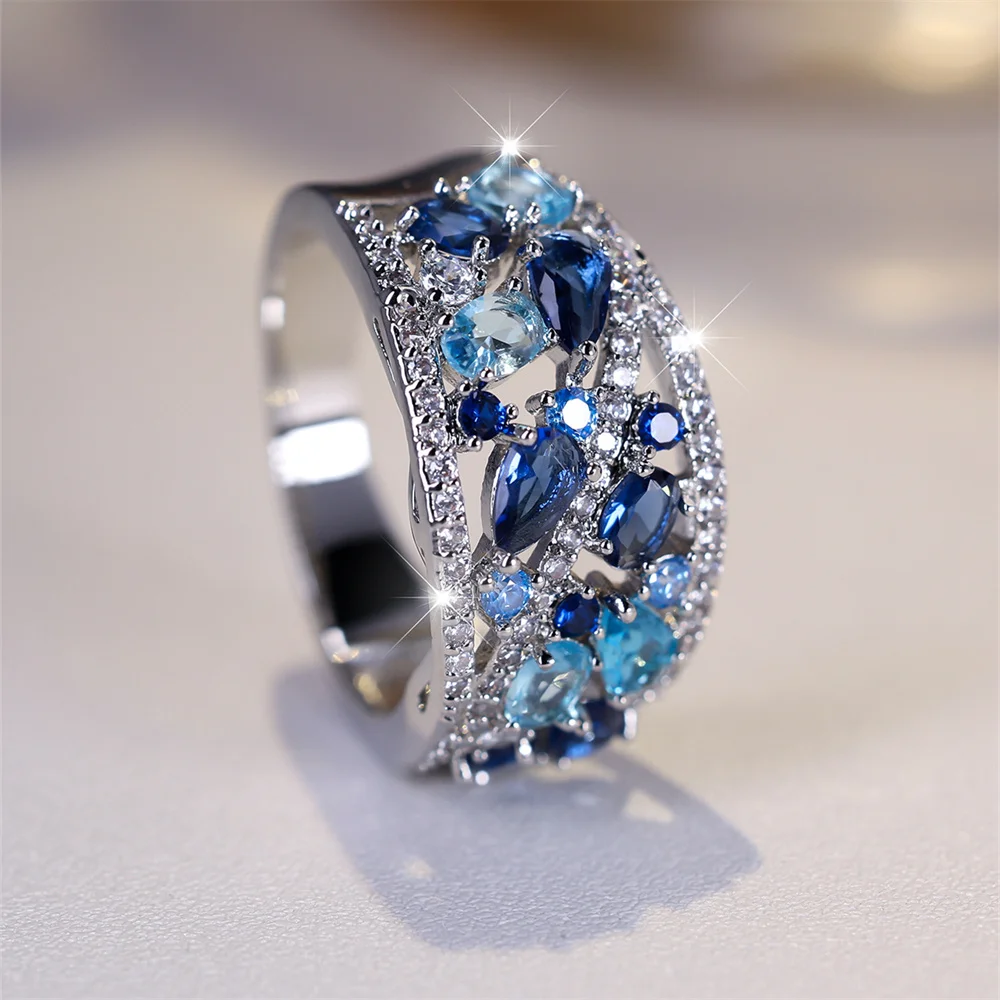 Royal Blue Crystal Water Drop Stone Ring Simulierte Aquamarin Verlobungsringe für Frauen Vintage Silber Farbe Hochzeit Party Band – Detail 1