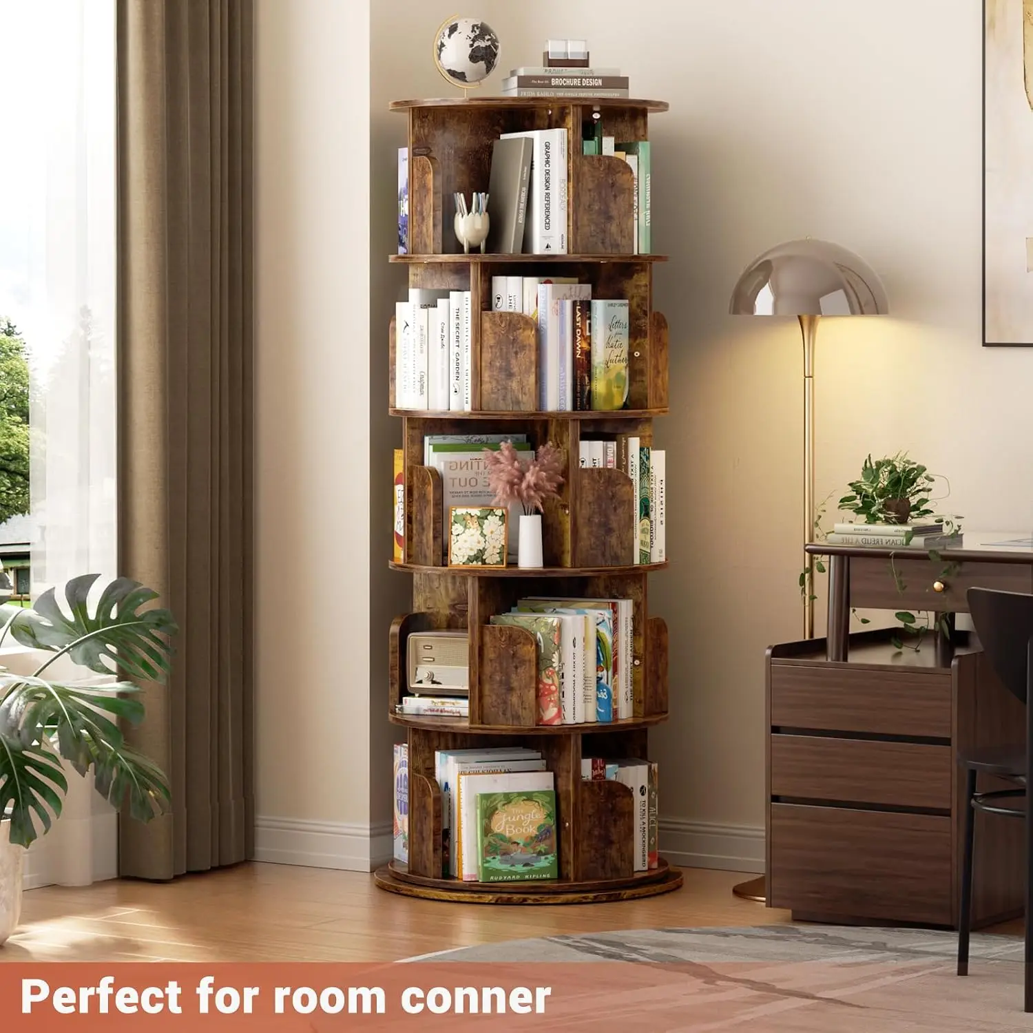 5 tier wood rotating bookshelf 360 degree revolving book storage narrow tall vertical corner small space