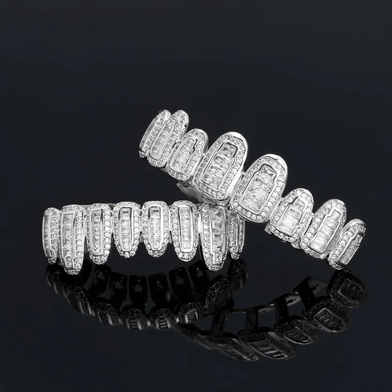 Full Crystal Square Zircon Teeth Grillz Holder Hip Hop Jewely Piercing Pave Teeth Grills Cap Top Bottom Set 8/8 Body Jewelry